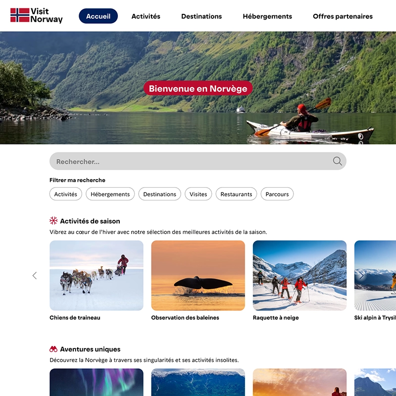Capture d'écran de la page d'accueil du site de l'office de tourisme de Norvège