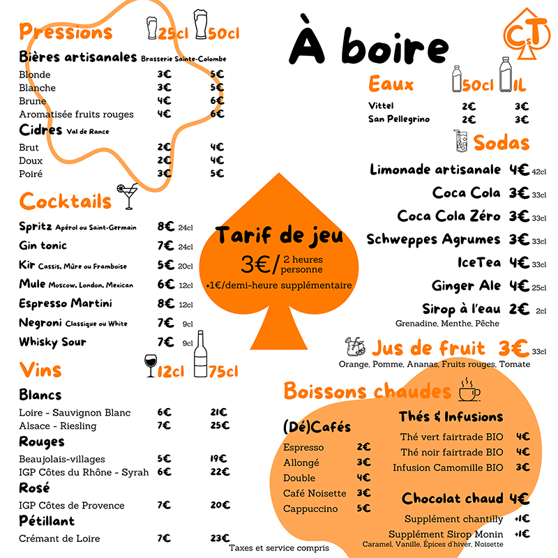 Carte de boissons d'un bar à jeux