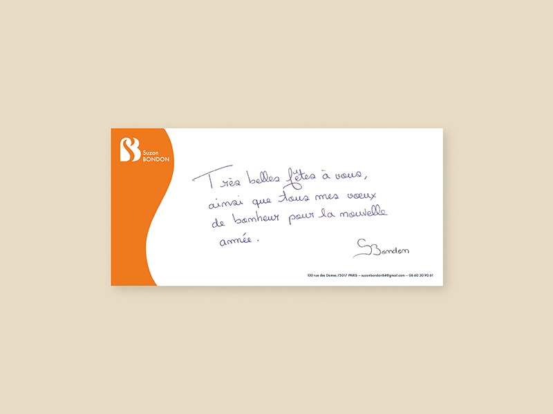 Mockup - Carte de correspondance : mot inscrit(Très belles fêtes à vous, ainsi que tous mes vœux de bonheur pour la nouvelle année.) et signature