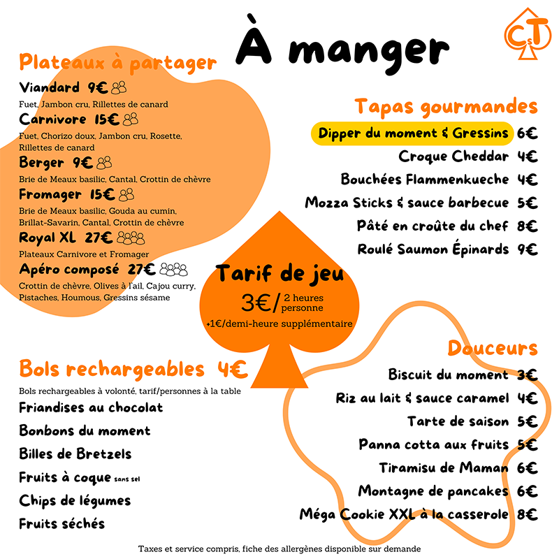 Carte de nourriture d'un bar à jeux