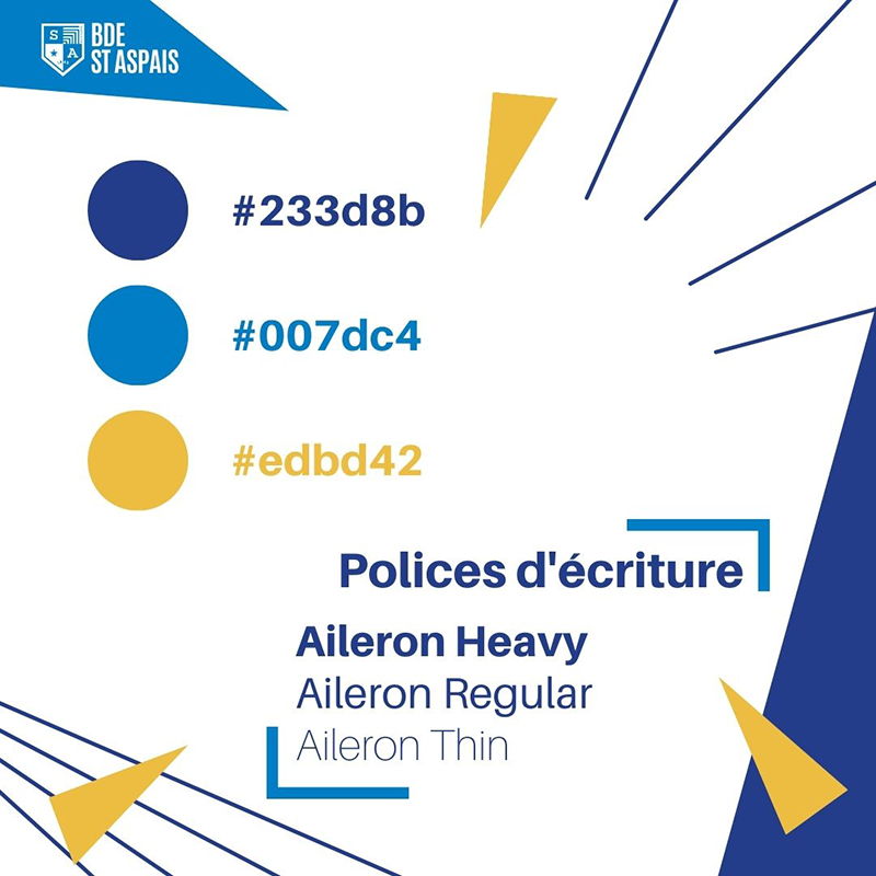 Charte graphique du BDE Saint-Aspais : Polices d'écriture, Éléments graphiques, Couleurs
