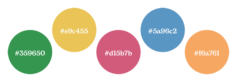 Palette de couleurs - Vert, Jaune, Rose, Bleu, Pêche avec codes hexadécimaux