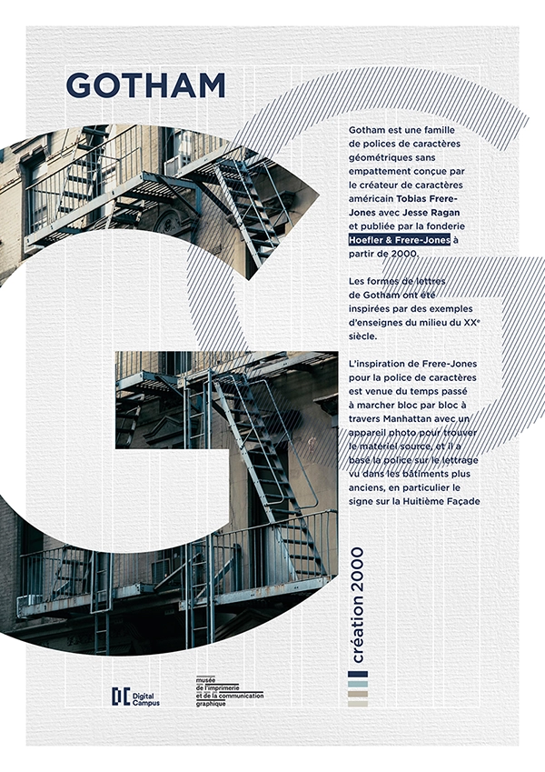Affiche avec lettre G en gros plan, paragraphes expliquants l'histoire de la police d'écriture Gotham