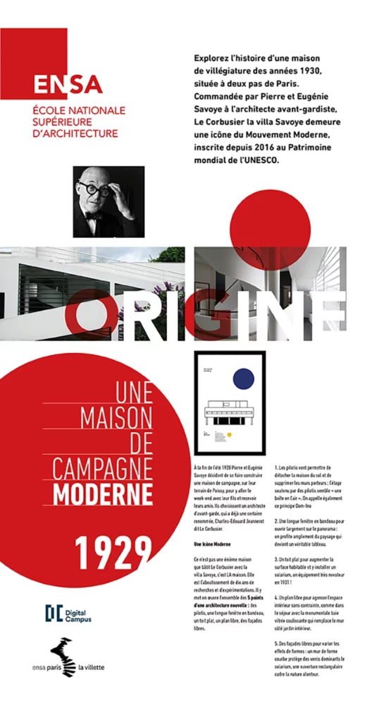 Affiche avec formes géométriques rouges, paragraphes et photos de Le Corbusier et de ses architures