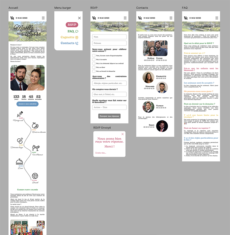 Maquette de site mobile pour le mariage de Maëlle et Ulysse