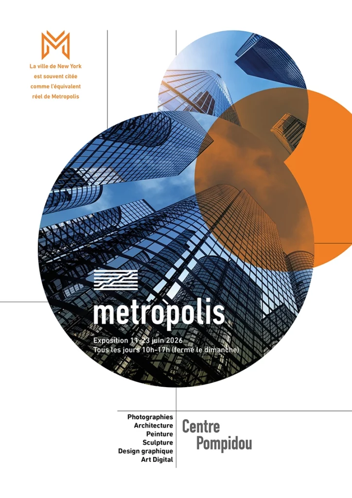 Affiche publicitaire pour une exposition sur Metropolis au Centre Pompidou, cercles avec des images de bâtiments et jeu de formes oranges