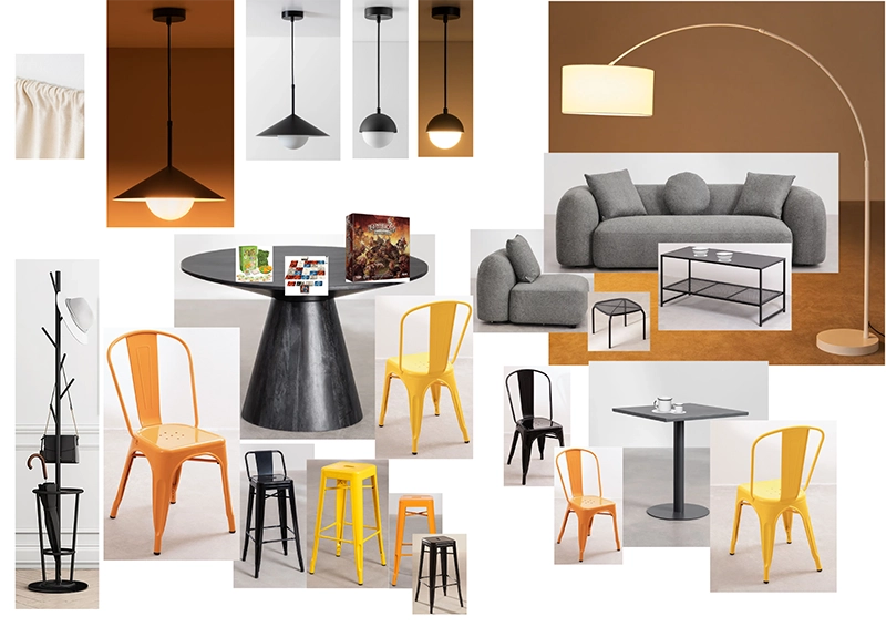 Mood Board Mobilier style industriel, couleurs Noir, Gris, Jaune et Orange