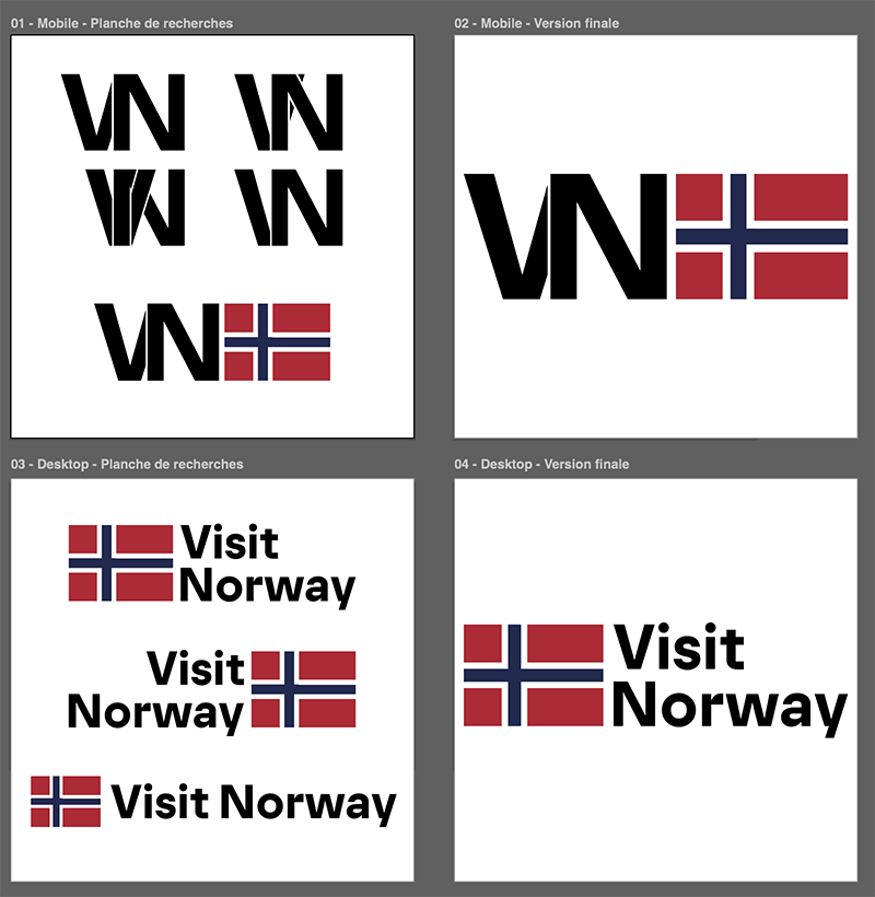 Planche de recherches pour logotype de l'office de tourisme de Norvège avec drapeau et initiales