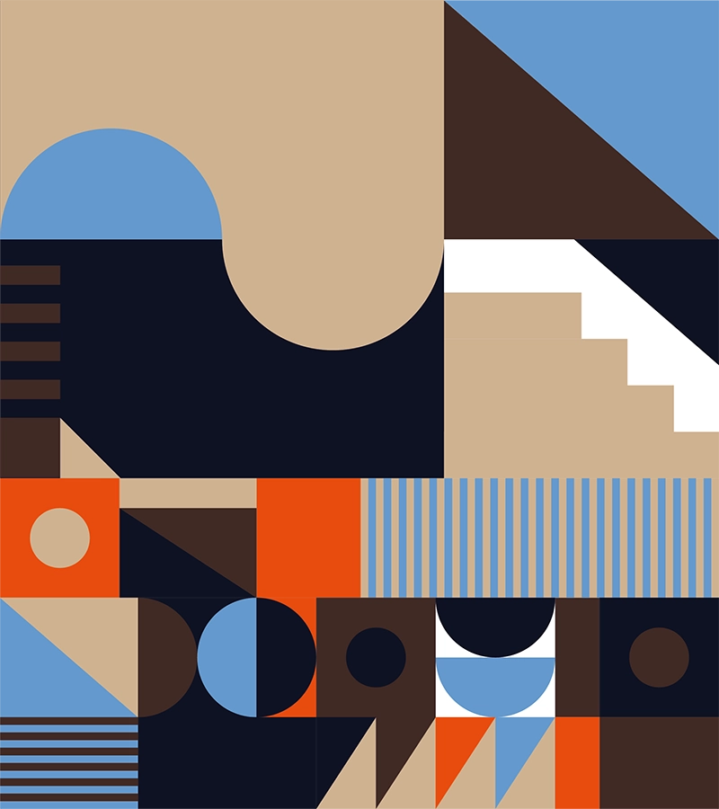 Formes géométriques imbriquées les unes dans les autres, couleurs : marine, bleu, beige, marron, rouge, inspiration des motifs des années 70