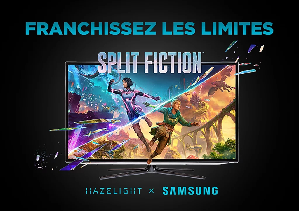 Affiche publicitaire pour le jeu Split Fiction : télé samsung avec personnages et éléments du jeu sortant de l'écran