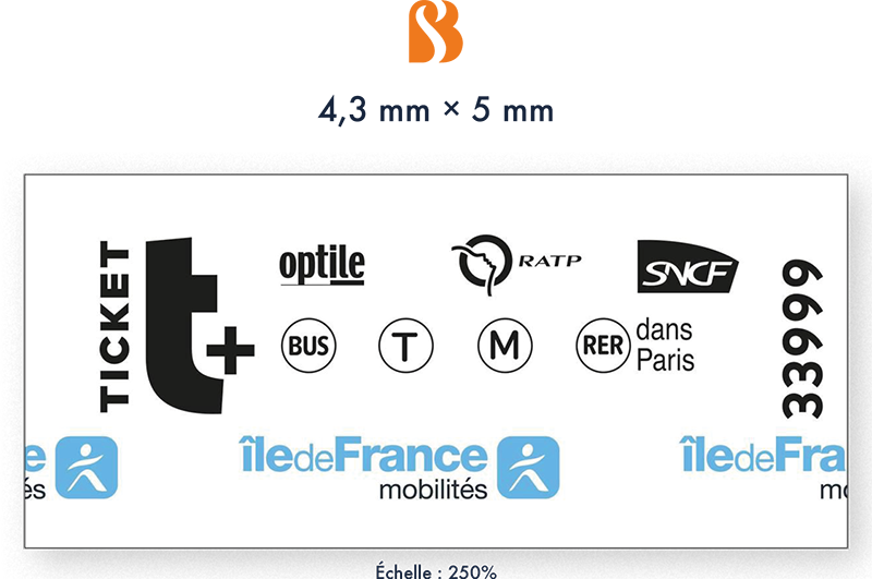 Logotype SB - Taille minimale d'exploitation : 5mm de large, comparaison avec un ticket de métro parisien