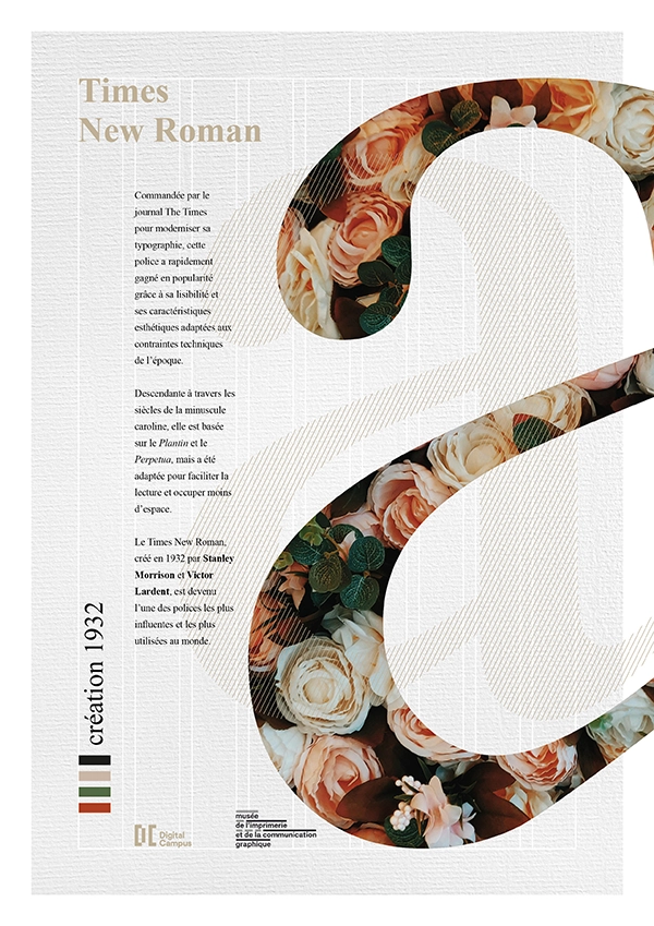 Affiche avec lettre A en gros plan, paragraphes expliquants l'histoire de la police d'écriture Times New Roman